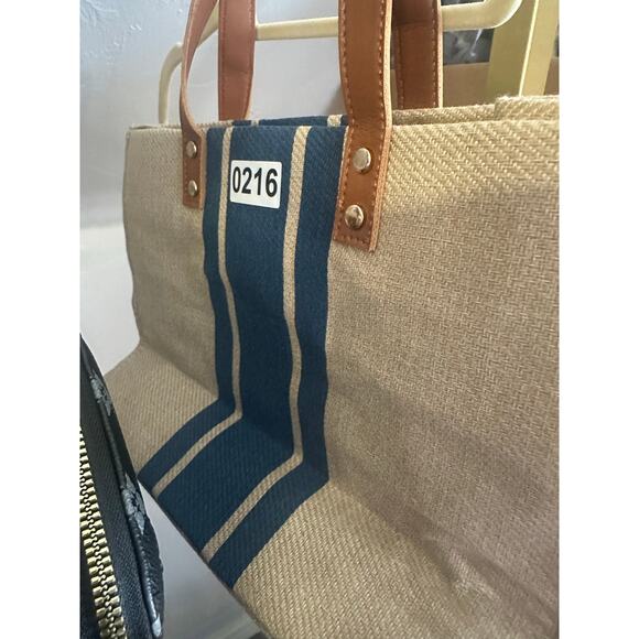 Neutral Woven Tote with Navy Stripe & Faux Leather Handles - Picture 7 of 7